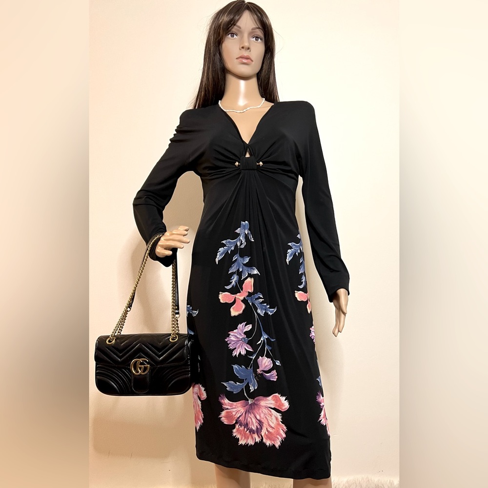 Roberto Cavalli Floral Print Knee-Length Long Sleeve Black Dress Size: 8US/44IT